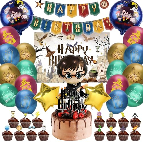 Harry Geburtstag Party Dekorationen, 41 Stück Wizard Party Deko Set, Potter Luftballons, mit 150×100cm Geburtstag Hintergrund, Potter Ballons Kuchen Deko, Kinder Magische Zauberer Deko Themenparty