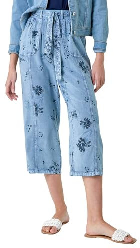 Roman Originals Culotte Trousers for Women UK - Ladies Wide Leg Cropped Pants Tie Detail Bottoms Vintage Retro Smart Flared Slimming High Waist 1940s Party Regular - Floral Denim - Size 18