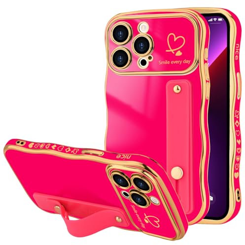 LLZ.COQUE for iPhone 13 Pro Case, Luxury Plating Love-Heart Wave Frame Shape Design, Adjustable Hand Strap Stand Cover, Shockproof Bumper Girls Women Phone Case for iPhone 13 Pro, Rose Red