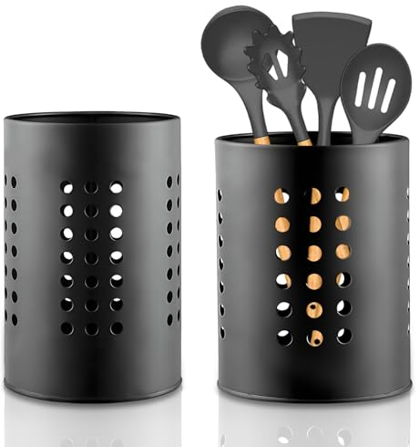 Omevett 2 Pcs Black Utensil Holder Stainless Steel Cutlery Holder Pot Utensil Drainer Cutlery Caddy Kitchen Utensils Holder for Countertop Forks Knives Spoons Organizer (10*16.5cm/12*15cm)