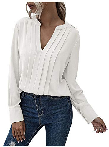 Lässiges elegantes Oversize-Sweatshirt für Damen, einfarbig, plissiert, langärmelig, Pullover 2021, Pendeln, Chiffon, V-Ausschnitt, Hemd, Damenbluse, Business, Freizeitkleidung für Damen, beige, XL