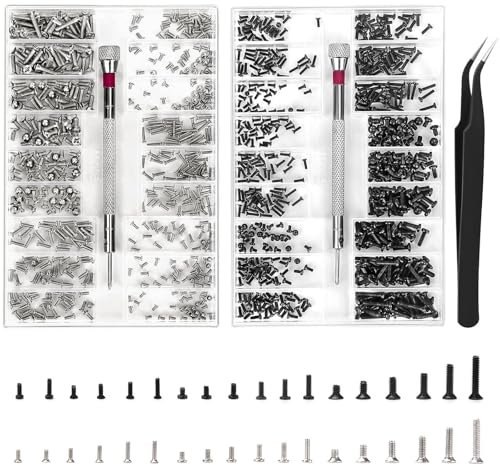 XIATIAN 1000Pcs Tiny Micro Repair Screw Kit, M1.2 M1.4 M2 Tiny Screws, Replacement Screws Kit with Screwdriver and Tweezers for Glasses, Laptop, Sunglasses and Watch Repair (M＋O)