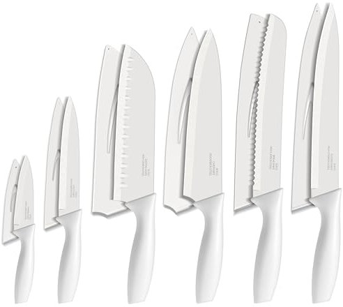 TEAMFAR Messer 6-teilig, Edelstahl Küchenmesser Set mit Schutzhülle, Scharfe Messerset mit Kochmesser Brotmesser Santokumesser Fleischmesser Schälmesser Allzweckmesser, Antihaftbeschichtet, Cremeweiß