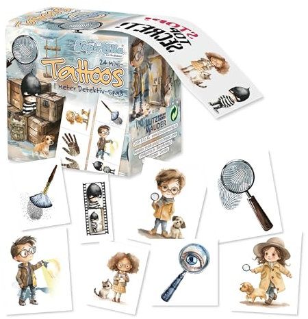 Lutz Mauder hautfreundliche Kinder Tattoo Meter Box mit 24 Tattoos, Kindertattoos Made in Germany, wiederablösbare Hauttattoos mit tollen TapirElla Detektiv Motiven, selbstverständlich ungiftig
