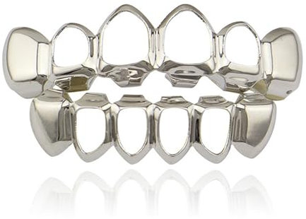 LONGHAO 2 pcs Hip Hop Teeth Grills Hip-Hop-ZähneGolden Hip Hop Grills Zahnspange Decoration Grillz Zähne Set,mit 2 Silikonformleisten,für Musikfestivalpartys,Hip-Hop-Rapper (Silver)