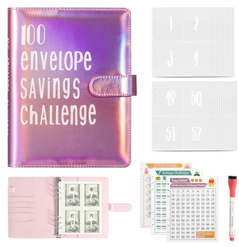 100 Geldsparbinder Budget Planner, A5 Envelope Saving Challenge Sparbuch für Geld mit Cash Umschläge, A5 Geldspar Ordner Budget Ordner Geldspar Brieftasche für Zuhause, Schule