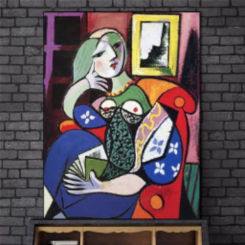 ADOHOME Picasso Leinwandbild Frau mit Buch auf der Wand, Kunstposter und Drucke, Leinwandbilder für Wohnzimmer, 50 x 70 cm, rahmenlos
