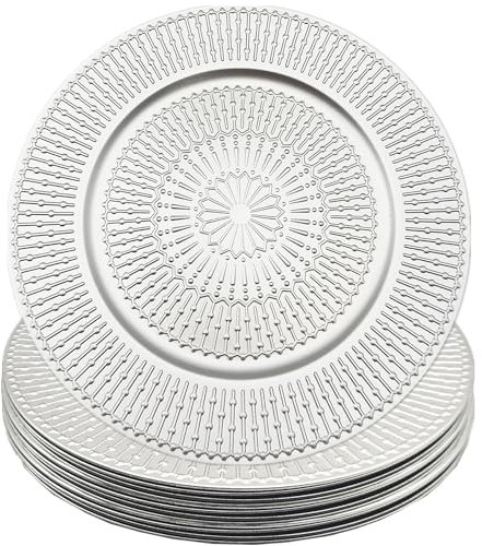 HningBuyox 12 Pack Chargers for Dinner Plates, Silver 13 Inch Heavy Weight Charger Plate, Wedding Table Charger for Christmas,Thanksgiving, Catering Event, Antique Tabletop Decor