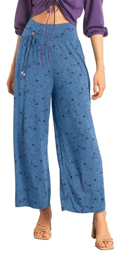 Enorsia Womens Printed Wide Leg Cropped Trousers with High Waist, Smocking Back, Asymmetric Ring Detail, and Butterfly-Star Allover Print (Blue,14)