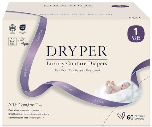 DRYPER Neugeborenen-Windeln Größe 1 (3-5kg/6-11lbs), 12H Auslaufschutz, 3D Auslaufschutz, Nässeindikator, ultradünner weicher saugfähiger Kern, hypoallergen für empfindliche Haut, tragbar, 60 Windeln