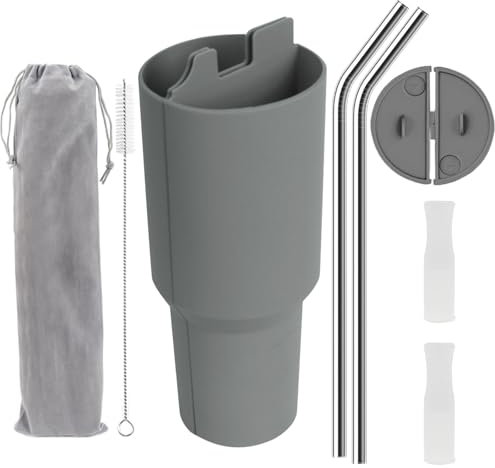 Drink Separator for Stanley Cup 40 oz, 2-in-1 Silicone Drink Separator with Stainless Steel Straws, Straw Tips and Brush for Stanley Quencher 40 oz (Grey/Grey)