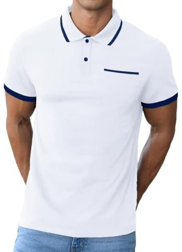 QIXING Men's Cotton Polo Shirt Short Sleeve Classic Golf T-Shirt Casual Sport Top with Pocket UK White L
