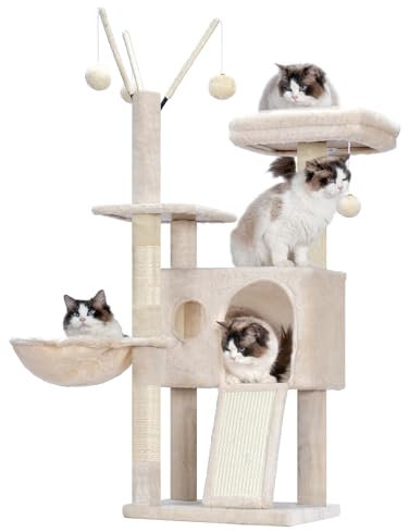 Hey-brother Petit Arbre à Chat, Stable, 100 cm, avec Jouets Amovibles, Grotte, 1 Plateforme, 1 Panier pour Chat, Plateau à griffer en sisal et Boule en Peluche, Convient aux Chatons, Beige EMPJ008SM
