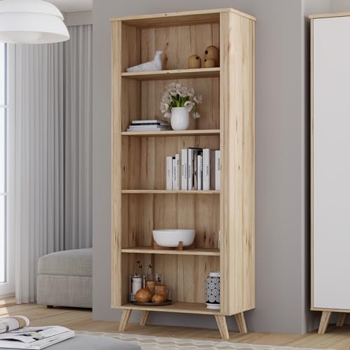 Forte VANKKA Regal 85, Regal mit 4 Einlegeböden und erhöhten Möbelbeinen, Holzwerkstoff, Planked Eiche Dekor/Weiß, 84,7 cm breit, 201,5 cm hoch, 42 cm tief