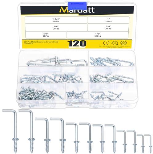 Mardatt 120 Stück 6 Größen Square Bend Hooks Schraub-in Quadrat Biegen Haken, Blau verzinkt L Haken Schraube Kit Selbst-Tapping Schraube L Typ Fotorahmen Rechtwinkel Haken
