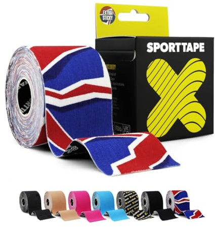 SPORTTAPE Extra Sticky Kinesiology Tape, 5cm x 5m - GB Print | Hypoallergenic, Waterproof Kinetic Tape | Physio, Medical Sports Tape for Muscle Injury, Support | Uncut Union Jack