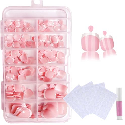 120 PCS False Toenails, Stick on Toe Nails, Fake Press On Toe Nail, Short Square French Tip Toenail – Full Cover Stick-On Toes Nails with Glue And Jelly Glue for Women
