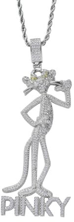 Iced Out Halskette für Männer - 14 Karat echtes vergoldetes Kupfer kubanischer Zirkonia Anhänger - Pink Panther Hip Hop Anhänger mit 24'' Seilkette,Silber