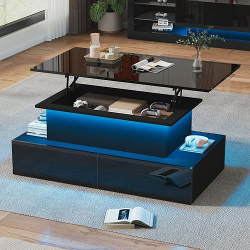 ModernLuxe LED High Gloss Coffee Table with Lift Top & 4 Drawers, Black Modern Coffee Table with RGB Lights, Storage Compartments & Hidden Space, Rectangular Living Room Table 90x55x42.5cm