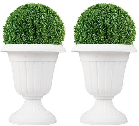 TANGZON Vintage Planters Set of 2, 46cm Tall Urn Plastic Flower Pot with Pre-marked Drainage Hole & Pedestal Base, Indoor Outdoor Decorative Plant Pot for Front Porch, Wedding Events (White)