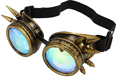 PUNELE Kaleidoskop Brille Psychedelische Steampunk Brille mit Regenbogen Kristall Linsen Verstellbarer Nasenclip und elastischem Band für Halloween Partys Kostüme und Dekoration (Bronze)