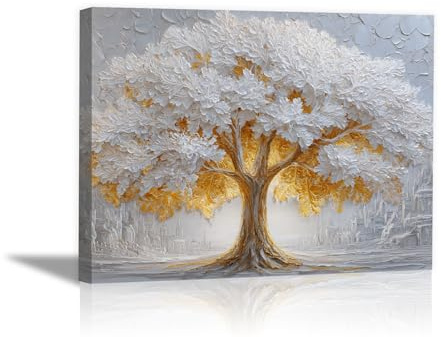 ZAMAEIU L'arbre de vie Impression Sur Toile Murale, Arbre au cœur doré, poster nature Art, Convient pour salle de bain, salon, chambre, bureau.(blanc)-80x120cm Encadrée