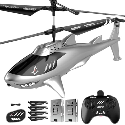 DEERC Hélicoptère Télécommandé pour Enfants et Adultes, Hélicoptère Requin RC avec Maintien d'altitude, Décollage/Atterrissage Automatique, Lumières LED, 24 Min d'autonomie, Jouet Volant d'intérieur.