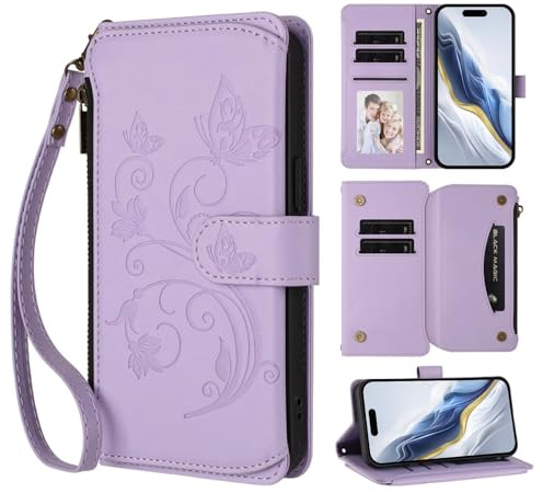 Handyhülle für Sony Xperia 5 VI, Prägung Schmetterling Reißverschluss Wallet Book Case Hülle Premium PU Leder Schutzhülle Klapphülle Magnetverschluss Kartenfach Standfunktion Lila