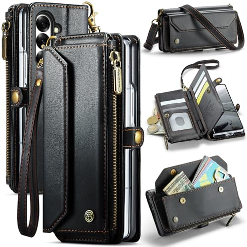 Custodia a portafoglio per Samsung Galaxy Z Fold 6, custodia in pelle per telefono con cerniera, cinturino da polso staccabile e tracolla
