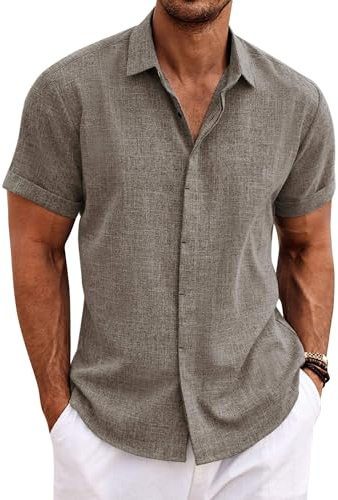 COOFANDY Mens Linen Shirts Short Sleeved Summer Regular Fit Button Down Hawaiian Holiday Tops