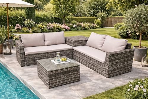 ZENIT ENERGY Polyrattan Lounge-Set mit Kissenbox inkl. Gasdruckfeder Sitz- und Rückenkissen 200x200cm