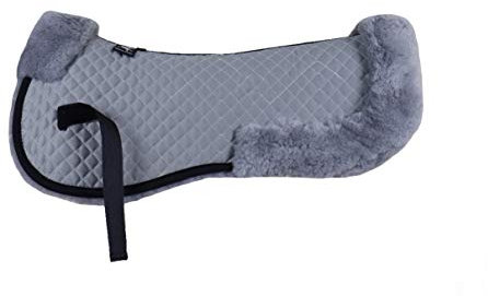 Engel Reitsport | SAKIS2-L-GRA-SIL | Sattelkissen mit echtem Merino Lammfell | mit Fellrand vorne und hinten | Steppstoff grau Fell Silber Grösse L