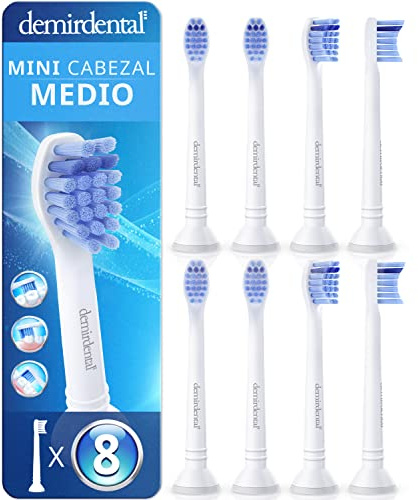 8er demirdental Ersatzbürsten passend für Philips Sonicare, Mini Medium | Kleine mittelharte Aufsteckbürsten entsprechend HX6024, schadstoffgeprüft, inkl. 8 Schutzkappen & 4 Farbringe, Weiß