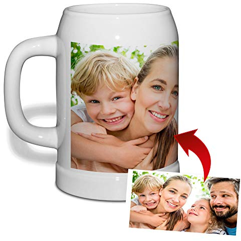 LolaPix Jarra Cerveza Personalizada con Foto. Regalos Personalizados con Foto. Jarra de Cerveza en Cerámica Blanca