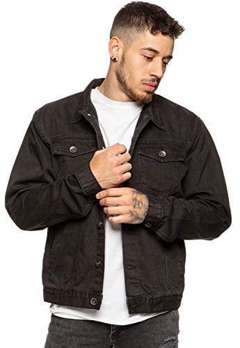 Enzo Mens Designer Denim Jacket Western Classic Style Trucker Vintage Style Coat (L, Black)