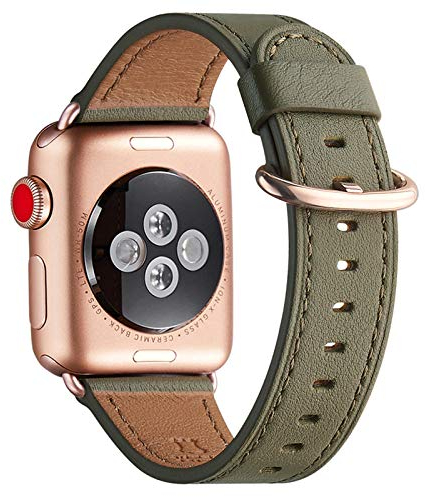 WFEAGL Kompatibel für Apple Watch Armband 40mm 41mm 38mm,Lederband Ersatzband für Herren Damen Kompatibel für iWatch Series 10/9/8/7/6/5/4/3/2/1,SE(38mm 40mm 41mm,Olivgrün+Roségold Adapter)