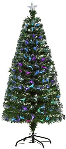 HOMCOM 5FT Multicoloured Artificial Christmas Tree w/Fibre Optic Lights Pre-Lit Modes Metal Stand Star Holder Home Seasonal Decoration