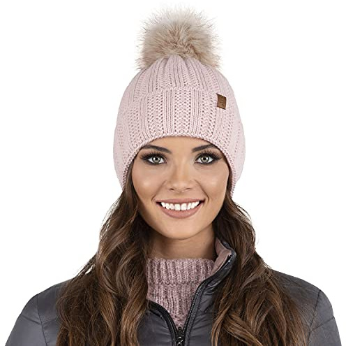 VIVISENCE Damen Winter Mütze Mit Kunstpelzbommel Strickmützen Aus Warmem Garn Mit Modischem Gewebe Aufgerollt Mit Weichem Fleecefutter Ideal Für Kalte Wintertage Modell 7019