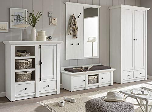 GuenstigEinrichten Garderobe Hooge in Pinie weiß Landhaus Garderobenkombination 4-TLG. mit Schuh- / Garderobenschrank (Garderobenset 4)