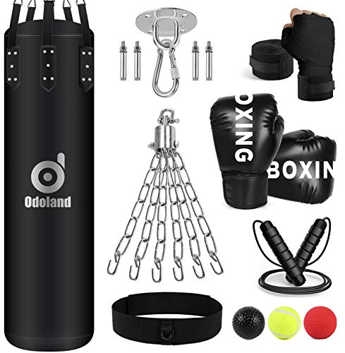 Odoland Boxsack Set Ungefüllt 8 in 1, 120 cm Punchingsäcke mit Boxhandschuhe 12oz, Reflexball, Boxbandagen, Kette Deckenhaken, Springseil, Boxsack Erwachsene für MMA Kickboxen Boxing