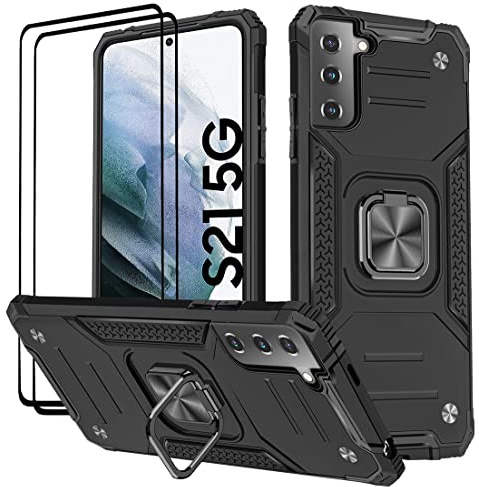 KANSi Coque compatible pour Samsung Galaxy S21 5G, Protection Écran [2 Pièces] Housse TPU Silicone Rotation 360° Aimant Anneau Support Double Défense Protection Etui pour Samsung S21 5G - Noir