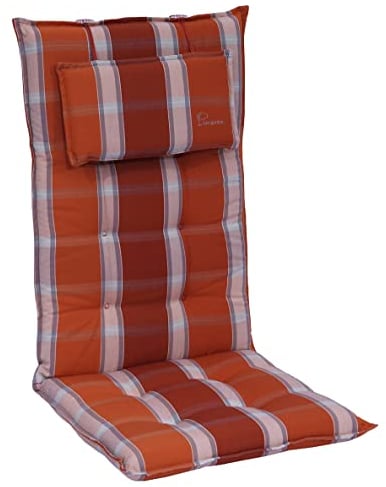 elGiga Sun Garden Hochlehner-Auflage 1-Stück Inco Orange-Weiß Kariert 120 x 50 x 7 cm für Gartenstuhl, mit Kopfpolster, hochwertig, waschbar und pflegeleicht