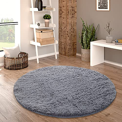 Paco Home Hochflor Teppich Rund Wohnzimmer Schlafzimmer rutschfest Shaggy Modern Flauschig Einfarbig Langflor Kunstfell, Grösse:200 cm Rund, Farbe:Grau