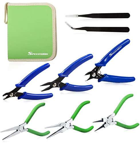 SPEEDWOX 6-Piece Mini Pliers Set Include 5 Bead Crimping Pliers 5 Flush Cut Wire Cutters 6 Ring Opening Pliers 4.5 Flat Nose Pliers 4.5 Needle Nose Pliers 4.5 Round Nose Pliers
