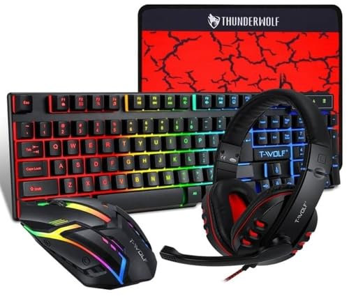 LIVOLF TF-800 Kit Gaming 4 Piezas, Teclado RGB Retroiluminado, Ratón Gaming, Auriculares con Micrófono, Alfombrilla, Negro y Rojo