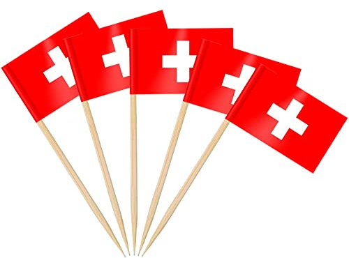 AhfuLife 100 Stück Schweiz Zahnstocher Flaggen, Schweiz Deko Fahne Klein Mini Zahnstocher Schweizer Fähnchen für 1. August Deko Schweiz WM Eurovision Olympische, Cupcake Topper Toothpick Partydeko Pub