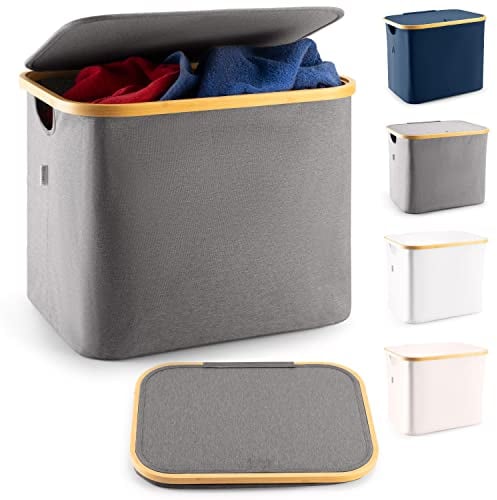 LONBET 50 L Collapsible Laundry Basket with Lid & Bamboo Frame - Aesthetic Laundry Hamper with Breathable Fabric - Usable as Storage Bin for Easy & Efficient Sorting - Storage Box with Lid, Grey