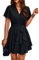 Jiraewh Damen Chiffon Kurz Kleid V-Ausschnitt Kurzarm Sommerkleid Tunika Kleider Einfarbig Elegant Rüschen Minikleid Casual Swing Skater Kleid Hohe Taille Partykleid Wickelkleid mit Gürtel （5086-BK,L）