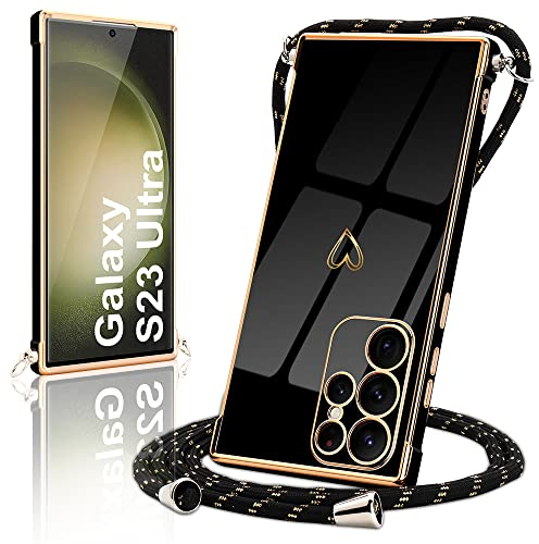 Micoden Handykette kompatibel mit Samsung Galaxy S23 Ultra 5G hülle, Ultra dünn Kameraschutz Herz Galvanik TPU Silikon Bumper Case Kordel zum Umhängen Handyhülle mit Band Schutzhülle,Schwarz