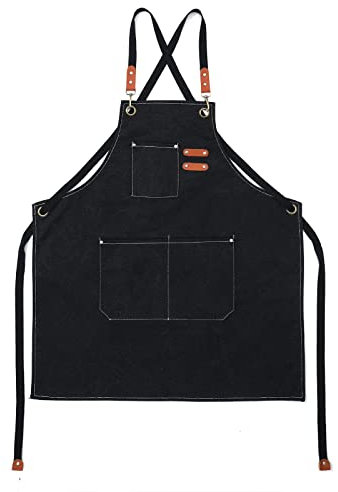Eurobuy Delantal de chef de lona de algodón con espalda cruzada con bolsillos, correa ajustable, delantal de chef de cocina para hombres y mujeres, Negro, Medium